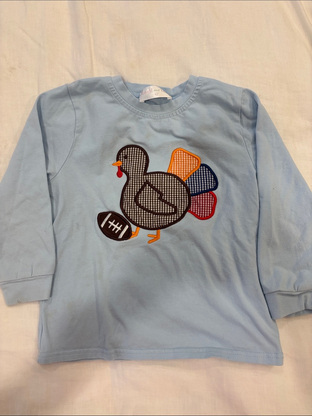 Light Blue Long-Sleeve Kids Tee with Turkey Appliqué